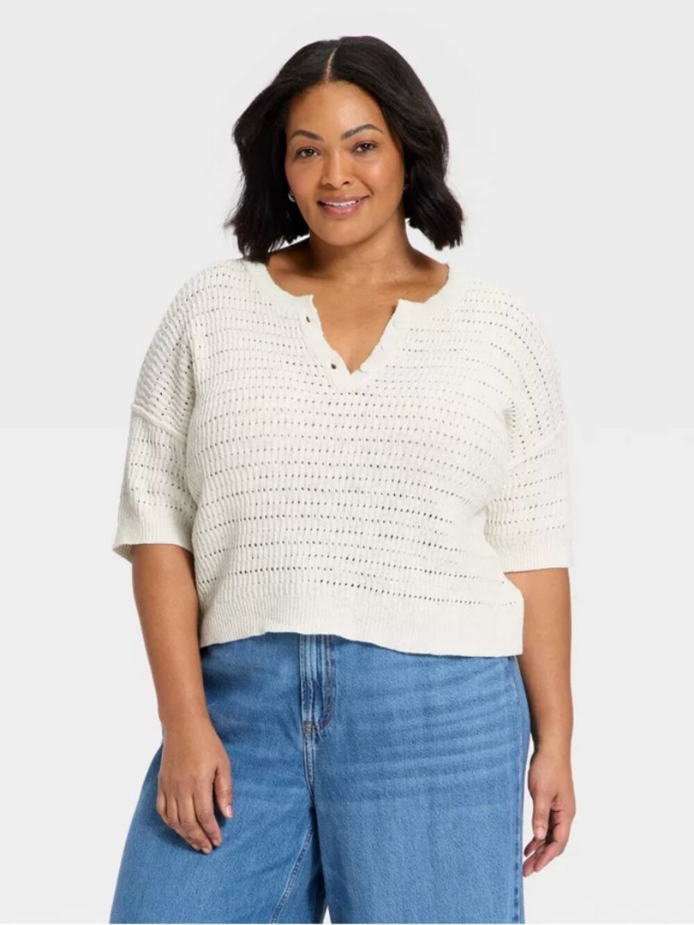 Women's Short Sleeve Button-Up Crewneck Pullover Sweater - Universal Thread Crea